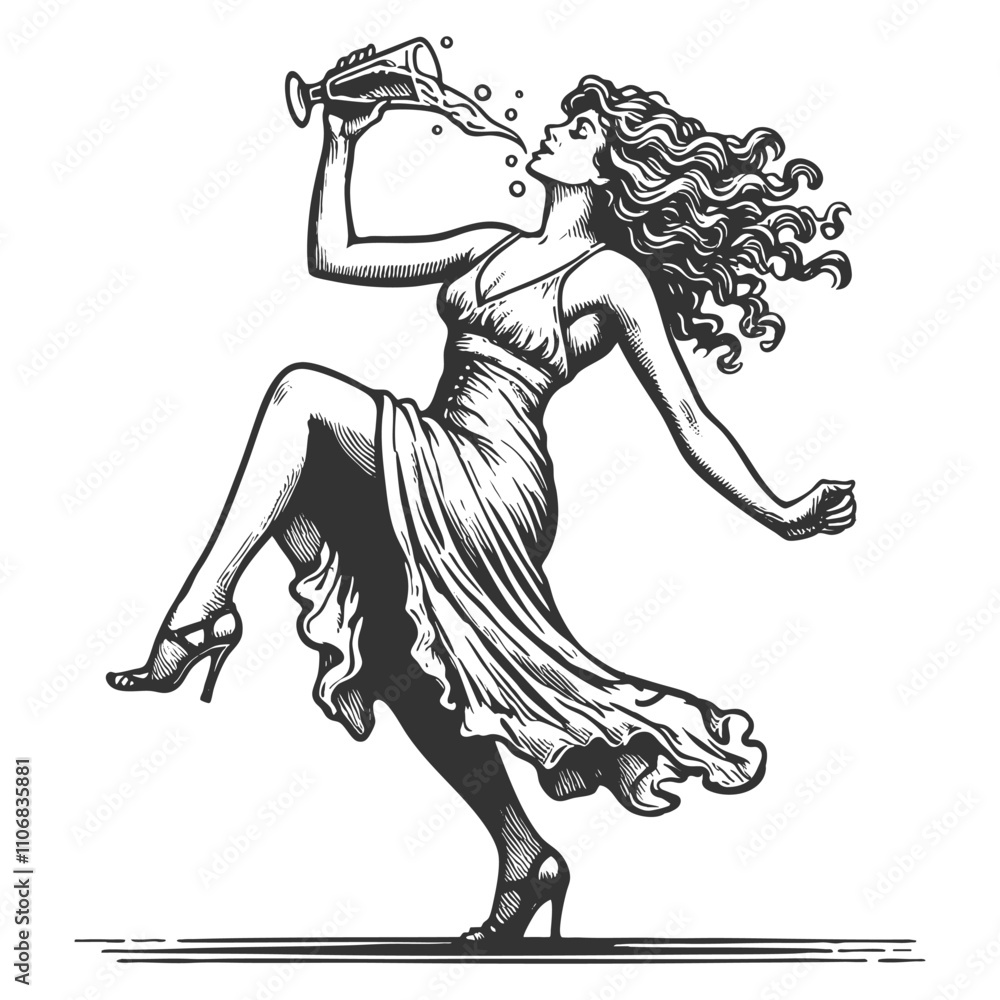 Obraz premium Drunk pin-up girl dancing joyfully with bottle, classic retro illustration style sketch engraving generative ai fictional character vector illustration. Scratch board imitation. Black and white image