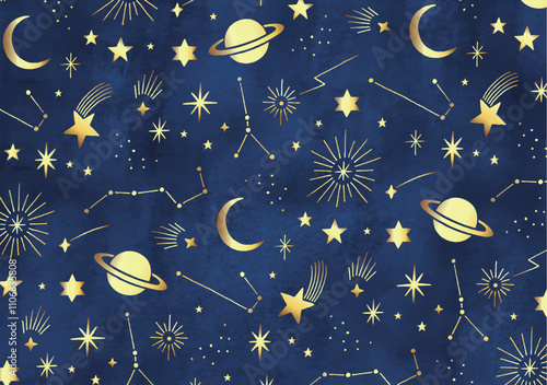 宇宙と星の金の手描き模様（Not seamless）