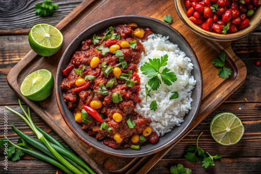 Aerial View of Chili con Carne with White Rice - Delicious Comfort Food, Hearty Meal, Mexican Cuisine, Spicy Dish, Gourmet Presentation, Colorful Ingredients, Culinary Delight Aerial View of Chili con Carne with White Rice - Delicious Comfort Food, Hearty Meal, Mexican Cuisine, Spicy Dish, Gourmet Presentation, Colorful Ingredients, Culinary Delight