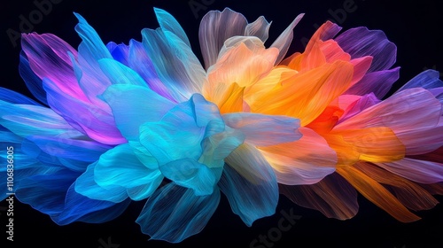 Artistic glowing fiber optic strands creating vibrant floral patterns digital art abstract environment high-angle viewpoint for visual impact