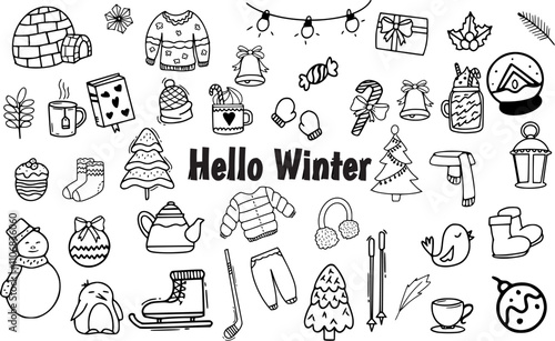 hello winter line art doodle vector illustration