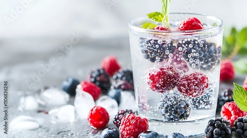 Refreshing berry infused sparkling water in clear glass photo