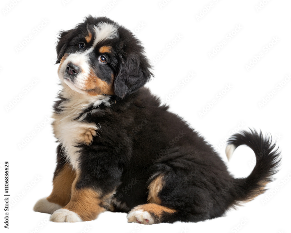 Fototapeta premium Bernese mountain shepherd puppy sitting and looking at camera isolated on white background.