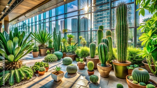 Architectural Photography of Urban Green Spaces Featuring Cactus, Succulent, Aloe Vera, Gasteria Duval, Pilea Depressa, Parodia Warasii, and Ficus in Modern Design Settings photo