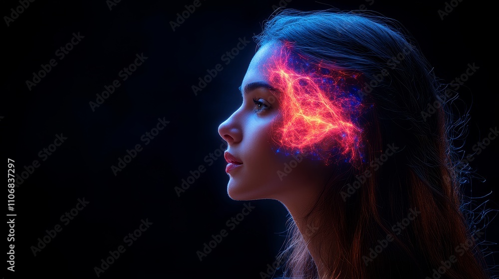 Woman with glowing brain-like imagery inside her head Woman with glowing brain-like imagery inside her head