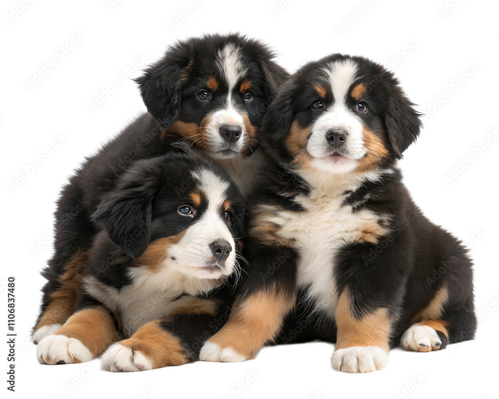 Three Bernese mountain shepherd puppies sitting and looking at camera isolated on white background. Three Bernese mountain shepherd puppies sitting and looking at camera isolated on white background.