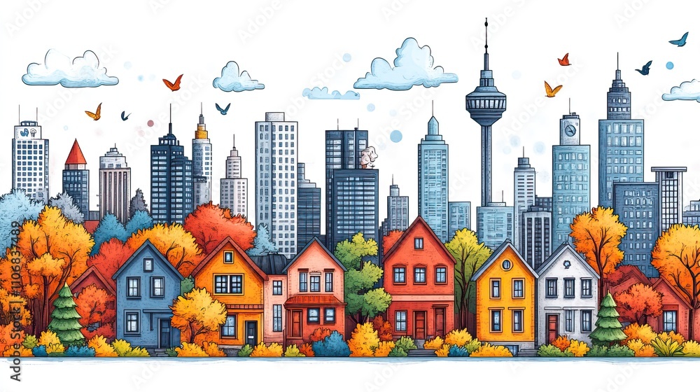 A line drawing of houses and buildings in a city A line drawing of houses and buildings in a city