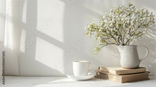 Wallpaper Mural カラフルな明るい春の花と読書、コーヒーの時間をイメージした素材,仕事,在宅,部屋,リラックス,休暇 Torontodigital.ca