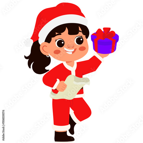 Cheerful Little Girl Santa Holding a Gift Illustration