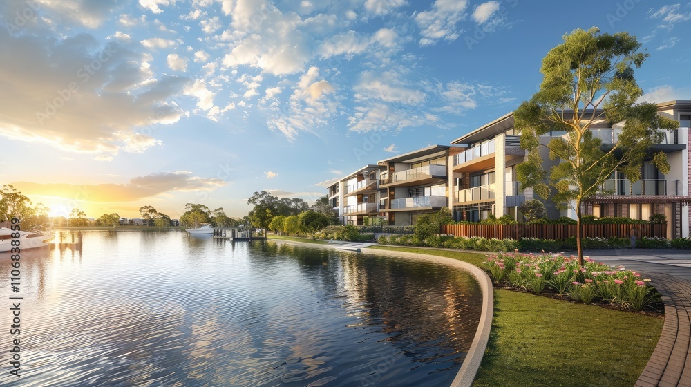 Obraz premium Serene Waterfront Living: Modern Apartments by the Water at Sunset