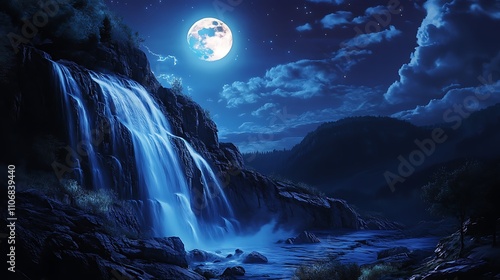 The moon illuminating a waterfall cascading down a rocky cliff at night