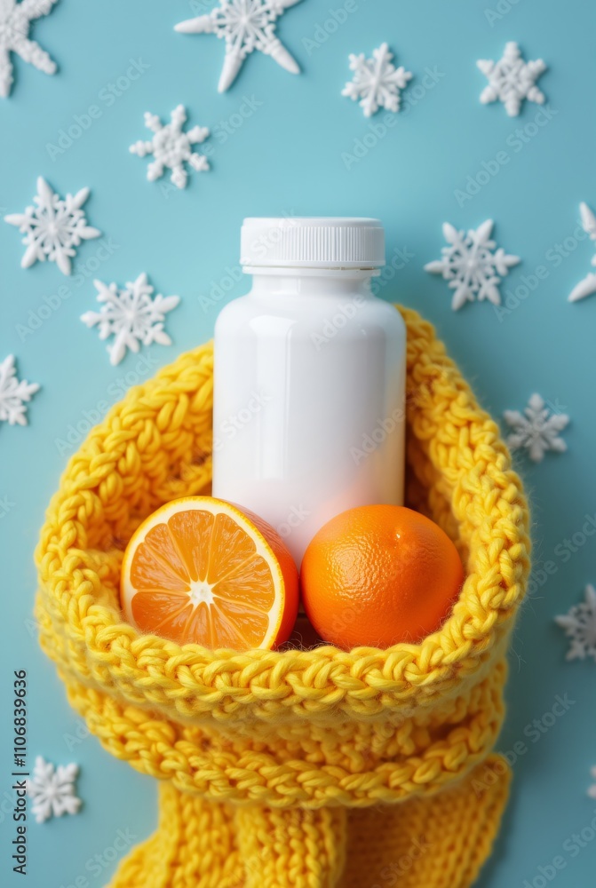 White medicine bottle of vitamins, pills and oranges on pastel blue background. Vitamin C. Multivitamin natural healthy supplement. Bottle mockup for design. Flat lay, top view with copy space White medicine bottle of vitamins, pills and oranges on pastel blue background. Vitamin C. Multivitamin natural healthy supplement. Bottle mockup for design. Flat lay, top view with copy space