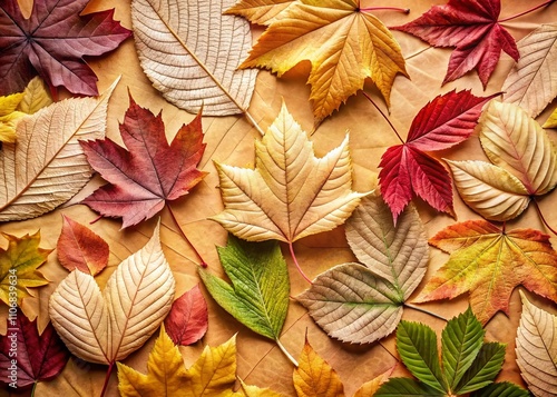 Colorful Leaf Background in Beige - Autumn Floral Pattern for Elegant Card Designs and Plant Illustrations, Capturing the Beauty of Seasonal Changes in Nature