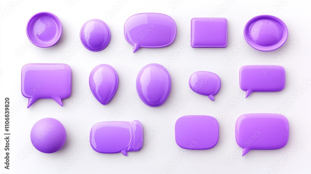 Collection of purple 3D speech bubbles and shapes on white background. Collection of purple 3D speech bubbles and shapes on white background.