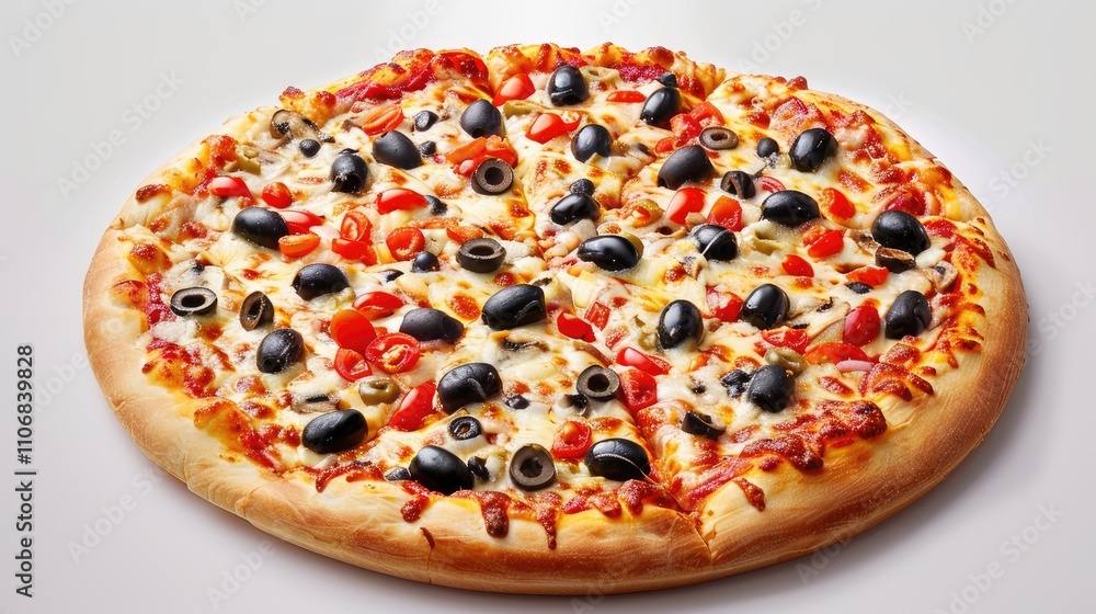 Crispy Pizza with Olives on White Background Crispy Pizza with Olives on White Background