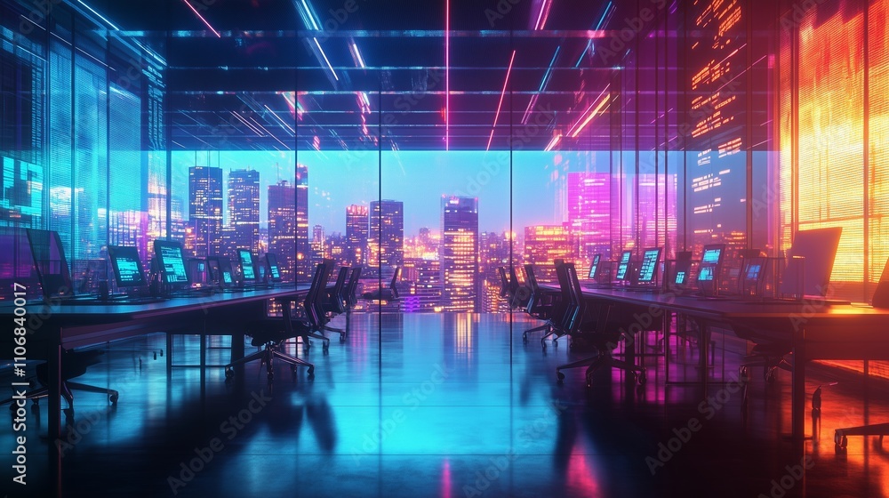 A neon-lit cyberpunk office with glass walls, high-tech desks, and glowing city views embodies modern work. A neon-lit cyberpunk office with glass walls, high-tech desks, and glowing city views embodies modern work.