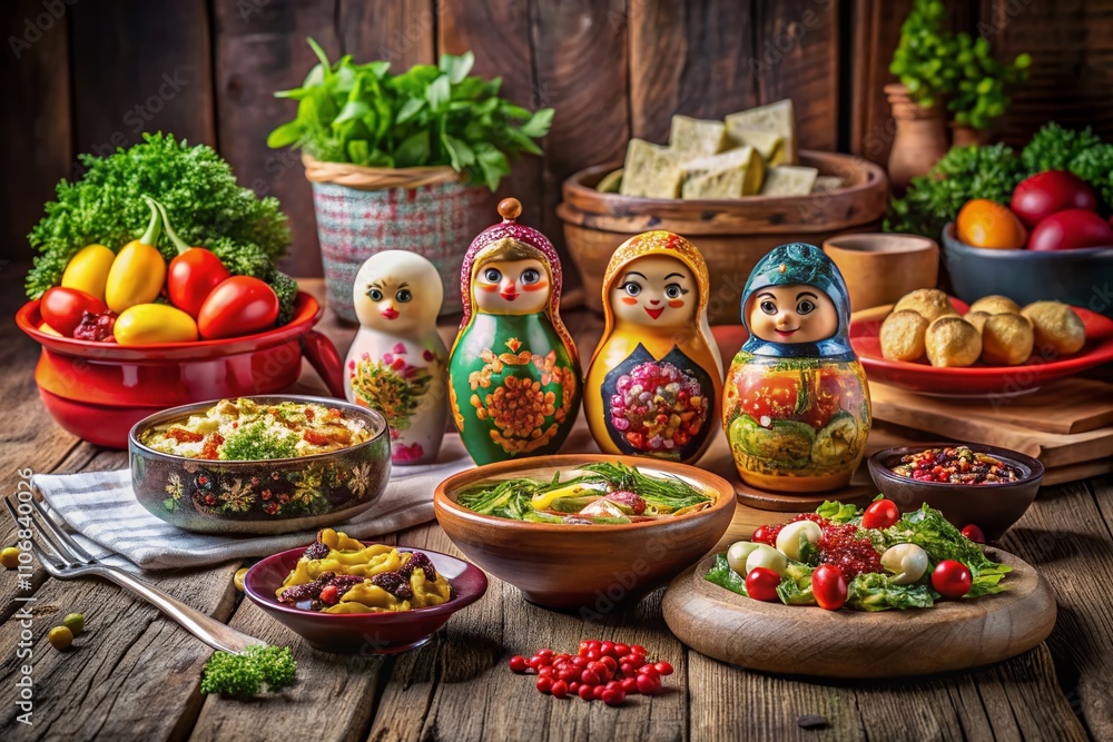 Colorful Nesting Dolls with an Array of Delicious Culinary Dishes in a Whimsical Food Photography Setting Colorful Nesting Dolls with an Array of Delicious Culinary Dishes in a Whimsical Food Photography Setting