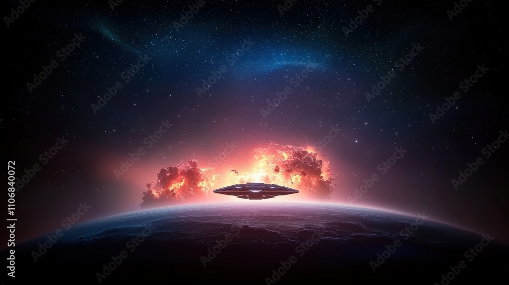 Alien UFO Spaceship over Exploding Planet Sci Fi Artwork Alien UFO Spaceship over Exploding Planet Sci Fi Artwork