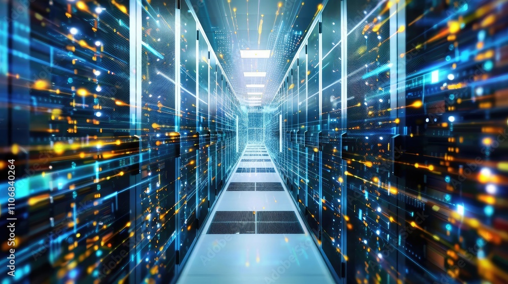 Futuristic Data Center Corridor with Light Trails and Technology Futuristic Data Center Corridor with Light Trails and Technology
