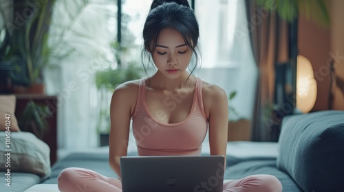 Asian Woman Doing Yoga and Watching Online Tutorials on Laptop, Training in Living Room at home Free Download Asian Woman Doing Yoga and Watching Online Tutorials on Laptop, Training in Living Room at home - GFXLoad