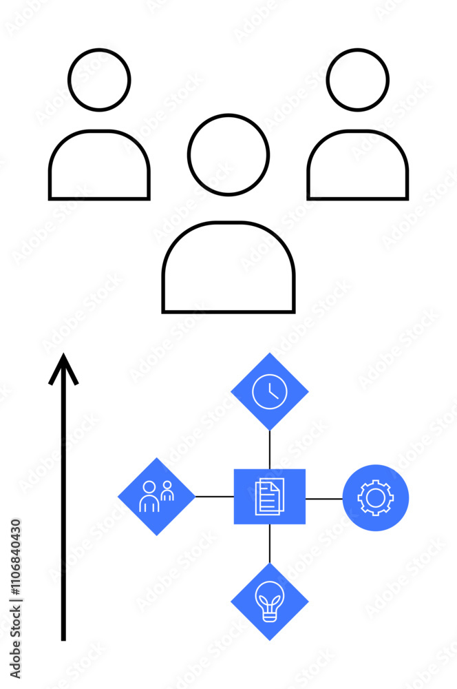 Arrow points from three team members to central hub with clock people gears lightbulb icons. Ideal for teamwork, leadership, innovation, process, efficiency, planning, growth. Line metaphor Arrow points from three team members to central hub with clock people gears lightbulb icons. Ideal for teamwork, leadership, innovation, process, efficiency, planning, growth. Line metaphor