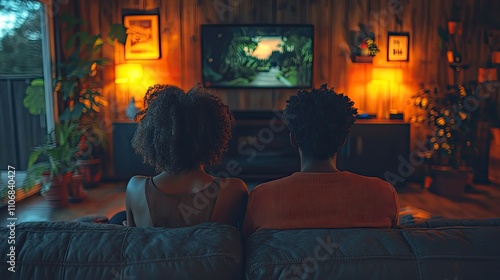 A man and woman watch TV together, sitting on the couch with their backs to each other, illustrating a shared leisure activity and domestic scene photo