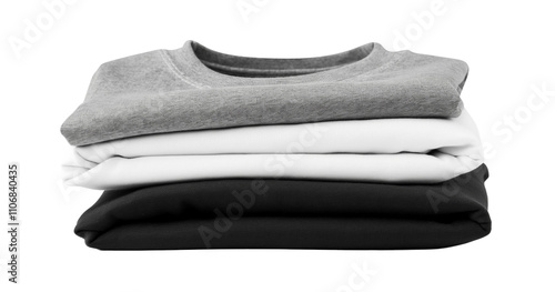 Neatly Stacked Grey, White, and Black Crewneck Sweatshirts