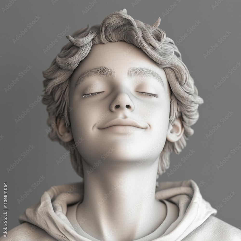 A young man is smiling and looking to the right. He is wearing a white hoodie and has his eyes closed A young man is smiling and looking to the right. He is wearing a white hoodie and has his eyes closed