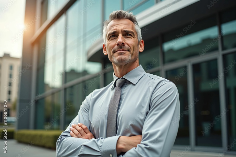 Ambitious Executive with Vision and Confidence in Front of Modern Glass Building Ambitious Executive with Vision and Confidence in Front of Modern Glass Building