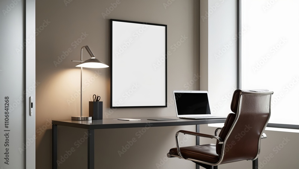 An empty poster frame mockup in a modern office space An empty poster frame mockup in a modern office space