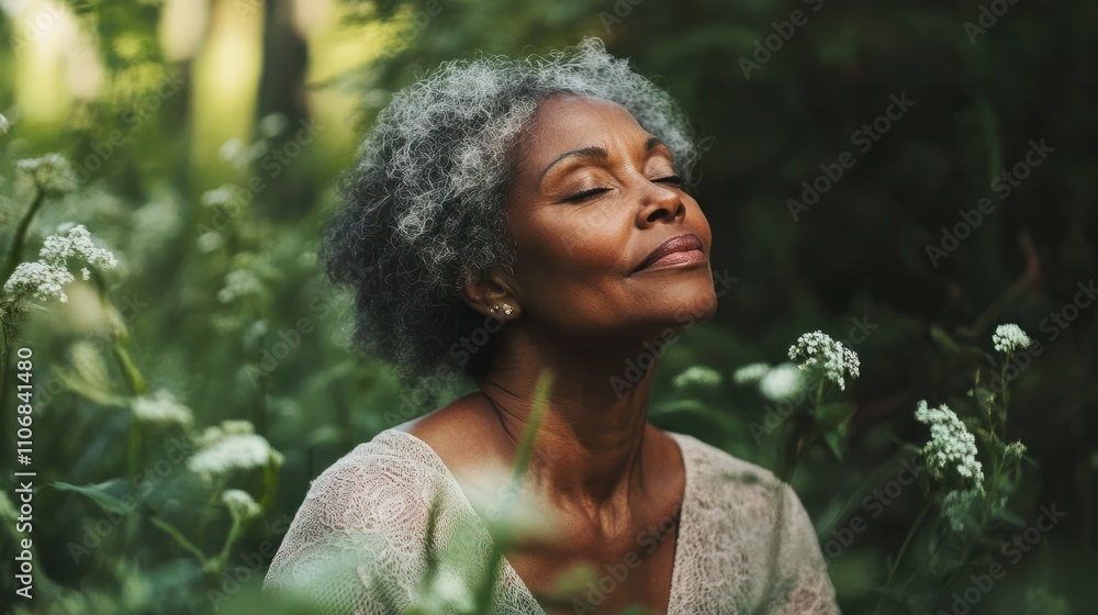 Beautiful mature black woman enjoying nature in a forest Beautiful mature black woman enjoying nature in a forest