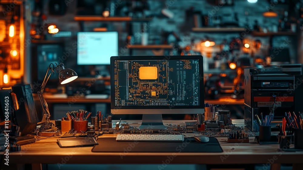 Computer desktop showing circuit board design in a dimly lit workshop. Computer desktop showing circuit board design in a dimly lit workshop.