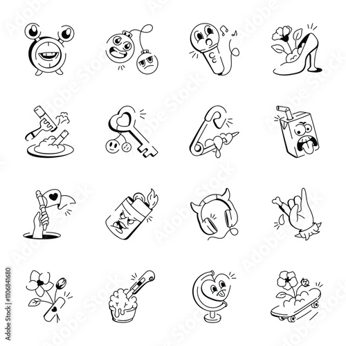 Collection of 16 Creepy and Grunge Doodle Icons 

