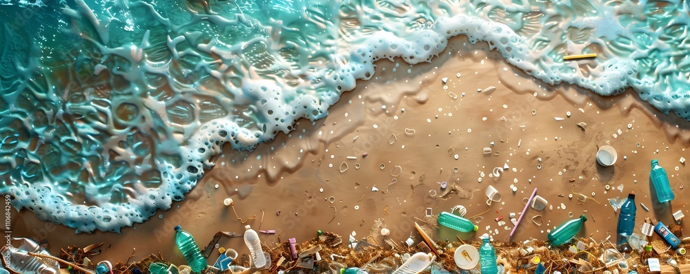 Fototapeta premium Ocean Wave Washes Plastic Pollution Onto Sandy Beach