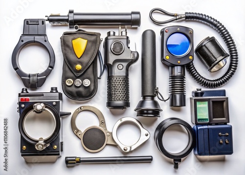 Comprehensive Outline of Police Equipment for Web Design and Urban Exploration, Featuring Essential Tools in a Clean Format on a White Background photo