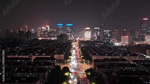 Wallpaper Mural 4K real time Aerial View of Shanghai skyline at night with heavy traffic. Torontodigital.ca