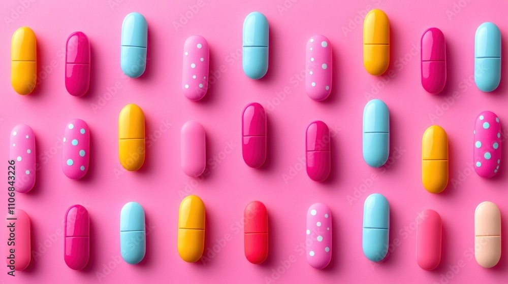 Colorful pills arranged in a pattern on a pink background. Colorful pills arranged in a pattern on a pink background.