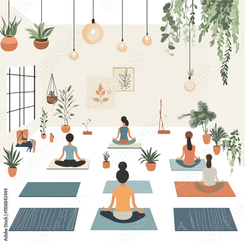 Yoga room interior with plants. Vector illustration in flat style..eps