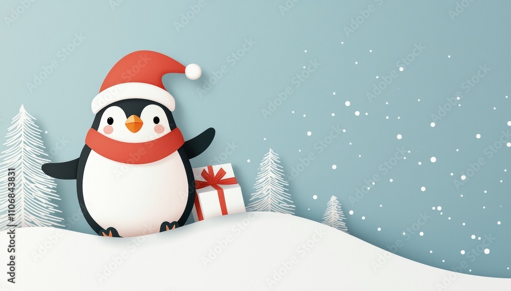 A cute penguin wearing a Santa hat and scarf stands on snow, holding a gift, with snowflakes and trees in a wintery landscape. A cute penguin wearing a Santa hat and scarf stands on snow, holding a gift, with snowflakes and trees in a wintery landscape.
