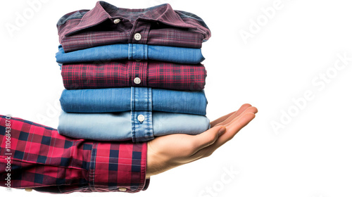 Neatly Stacked Shirts, Plaid and Denim, Held in Hand