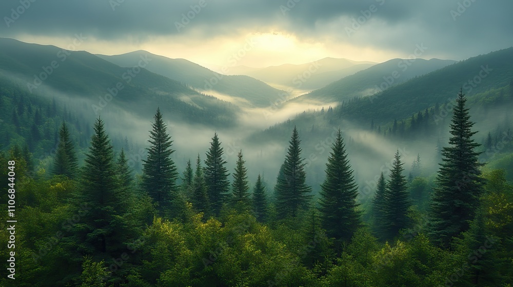 A misty morning in a pine forest reveals a breathtaking panorama of green and yellow hues A misty morning in a pine forest reveals a breathtaking panorama of green and yellow hues