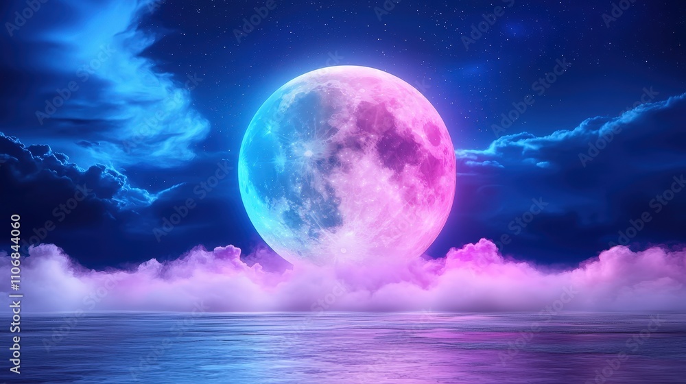 Surreal Night Scene Pink Blue Moon over Calm Ocean Surreal Night Scene Pink Blue Moon over Calm Ocean