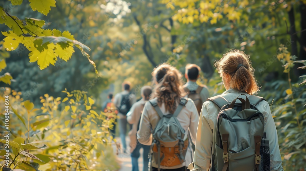 Obraz premium Exploring Nature: A Group Hiking Adventure Through Lush Trails