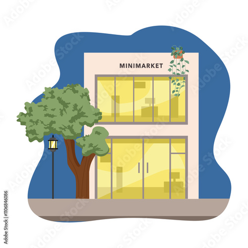 Minimarket building center. Commercial center. Retail center. Shopping complex. Shopping center. 