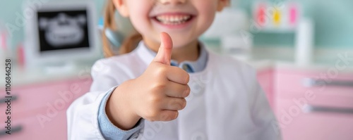 Close-up of a happy child s face, giving a thumbs-up in a colorful dentist s office, emphasizing good experiences for young patients photo