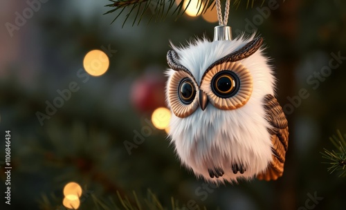 owl christmas  ornament hanging from fir tree with soft blurred lights  animal, decoration, season, bird photo