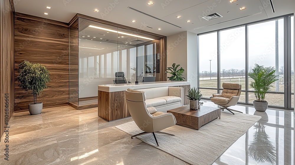 A modern office space with glass and wooden elements, creating a sleek and stylish environment A modern office space with glass and wooden elements, creating a sleek and stylish environment