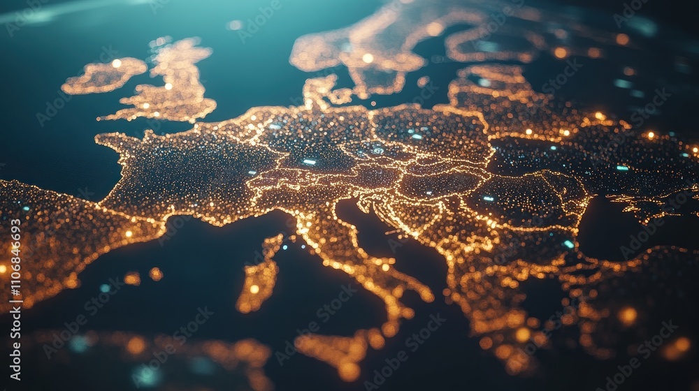 Fototapeta premium Illuminated map of Europe with glowing city lights on a dark background