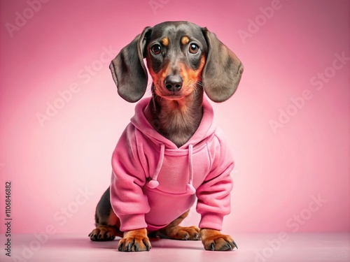 Cool Dachshund Puppy in Pink Sweatsuit as Fitness Model Over Soft Pink Background with Ample Copy Space for Creative Fitness Promotions and Pet-Themed Marketing Materials