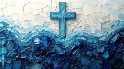 A mosaic tile depicts a cross with blue water flowing from it against a white background